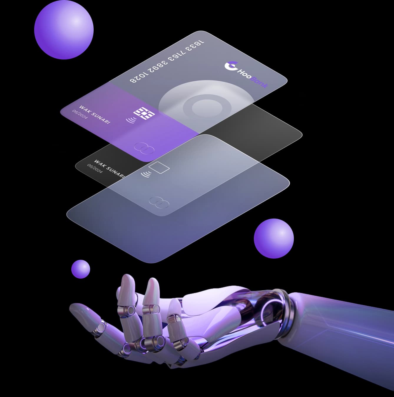 the arm of a robot holding up holograms of credit cards